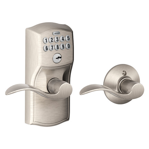 Schlage Residential Fe575 Keypad Lever With Camelot Trim And Accent Lever With Auto Lock Style, Satin Nickel