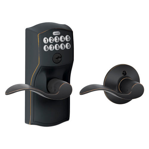 Schlage Residential Fe575 Keypad Lever With Camelot Trim And Accent Lever With Auto Lock Style, Aged Bronze