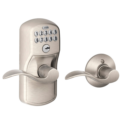 Schlage Residential Fe575 Keypad Lever With Plymouth Trim And Accent Lever With Auto Lock Style, Satin Nickel