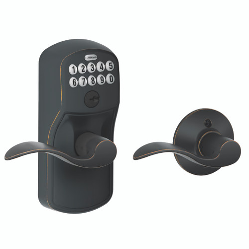 Schlage Residential Fe575 Keypad Lever With Plymouth Trim And Accent Lever With Auto Lock Style, Aged Bronze Schlage Residential Fe575 Keypad Lever With Plymouth Trim And Accent Lever With Auto Lock Style, Aged Bronze
