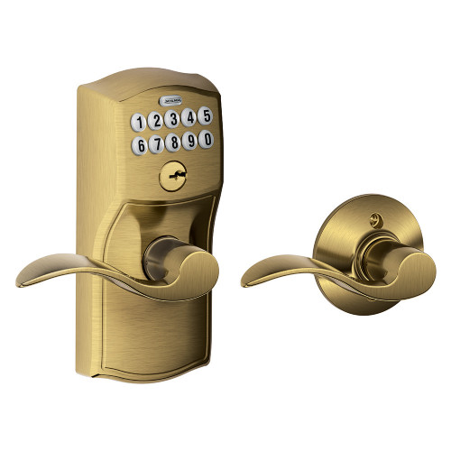 Schlage Residential FE575 Keypad Lever With Camelot Trim And Accent Lever With Auto Lock Style, Antique, Satin Brass Blackened