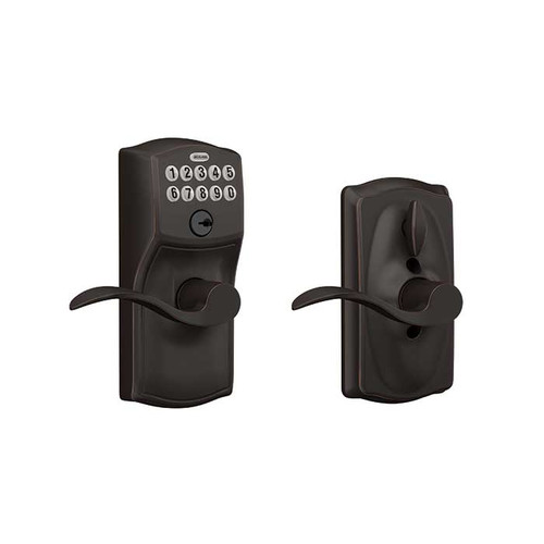 Schlage Residential Fe595 Keypad Lever With Camelot Trim And Accent Lever With Flex Lock In Vis Pack Style, Knob, Aged Bronze