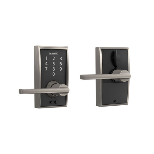 Schlage Residential Fe695 Keyless Touchscreen Lever With Century Trim And Latitude Lever In Vis Pack Style, Satin Nickel