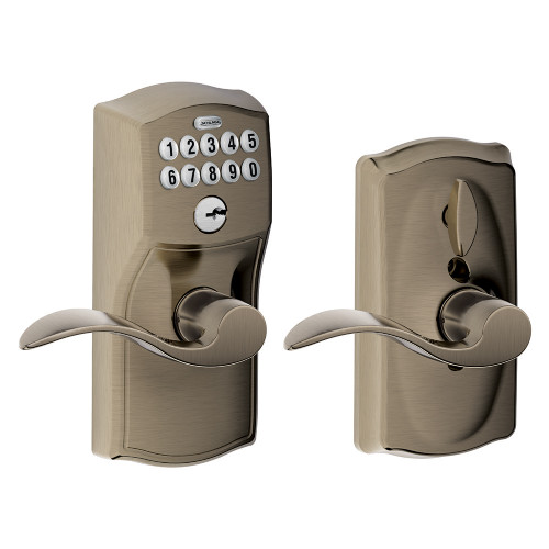 Schlage Residential FE595 Keypad Lever With Camelot Trim And Accent Lever With Flex Lock Style, Antique, Satin Nickel Blackened