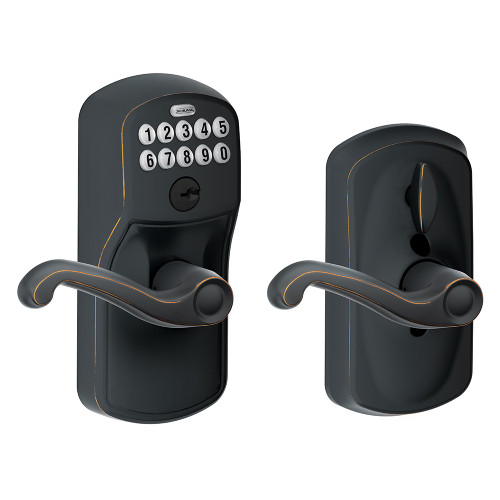 Schlage Residential Fe595 Keypad Lever With Plymouth Trim And Flair Lever With Flex Lock Style, Aged Bronze