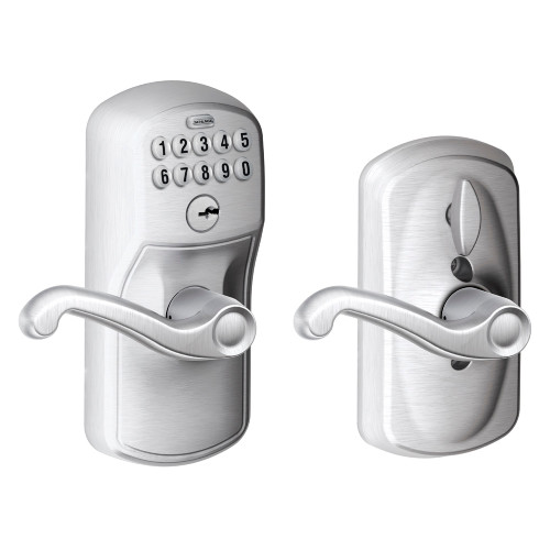 Schlage Residential Fe595 Keypad Lever With Plymouth Trim And Flair Lever With Flex Lock Style, Satin Chrome Schlage Residential Fe595 Keypad Lever With Plymouth Trim And Flair Lever With Flex Lock Style, Satin Chrome