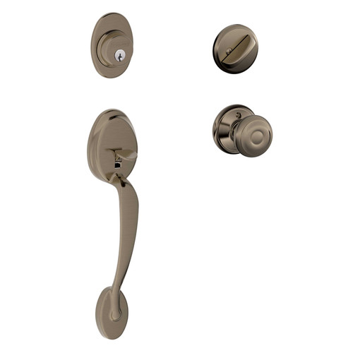 Schlage Residential F60 Plymouth Handleset/Entrance Georgain Knob Complete Lock Style Handleset, Georgian, Antique, Satin Nickel Blackened