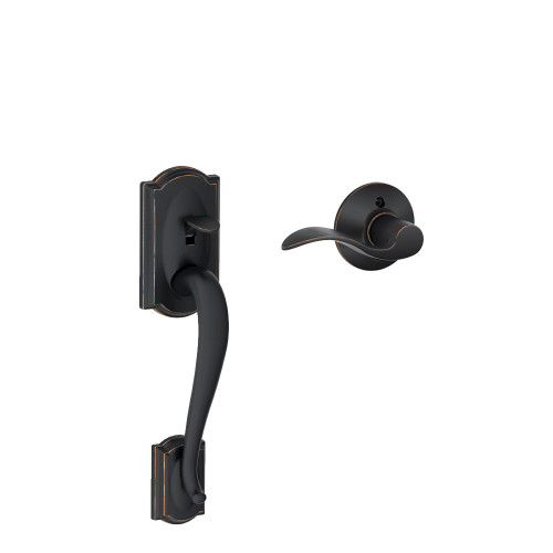 Schlage Residential Fe285 Handleset With Interior Trim Camelot Style (Deadbolt Not Included), Accent Lever, Left Hand, Aged Bronze