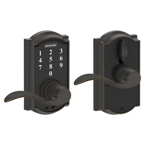Schlage Residential Fe695 Keyless Touchscreen Lever With Camelot Trim And Accent Lever Style, Aged Bronze