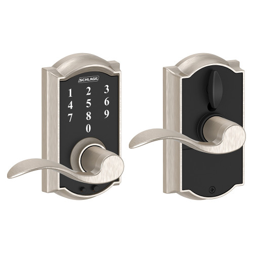 Schlage Residential Fe695 Keyless Touchscreen Lever With Camelot Trim And Accent Lever Style, Satin Nickel Schlage Residential Fe695 Keyless Touchscreen Lever With Camelot Trim And Accent Lever Style, Satin Nickel