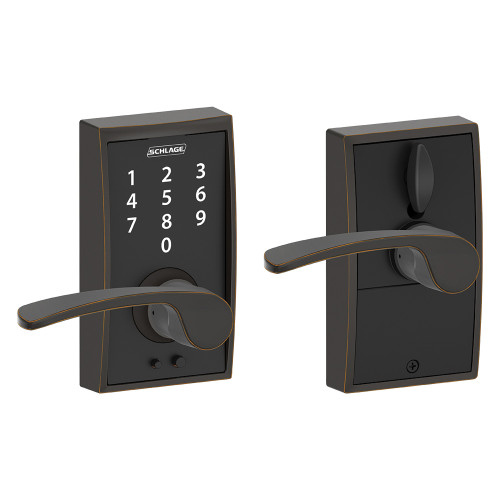 Schlage Residential Fe695 Keyless Touchscreen Lever With Century Trim And Merano Lever Style, Aged Bronze