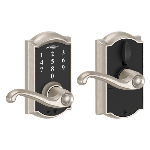 Schlage Residential Fe695 Keyless Touchscreen Lever With Camelot Trim And Flair Lever Style, Satin Nickel