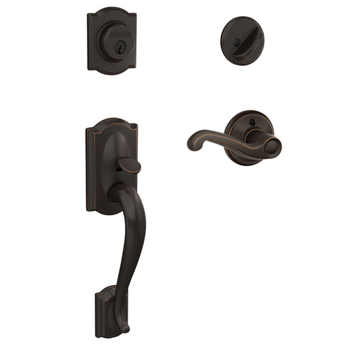 Schlage Residential F60 Camelot Handleset/Entrance Flair Lever Complete Lock Style Handleset, Left Hand, Aged Bronze