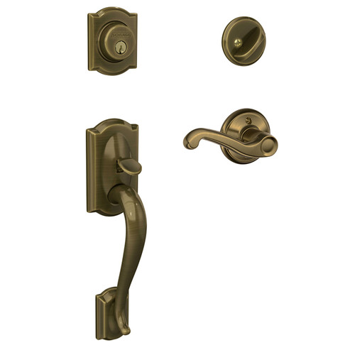 Schlage Residential F60 Camelot Handleset/Entrance Flair Lever Complete Lock Style Handleset, Antique, Left Hand, Satin Brass Blackened