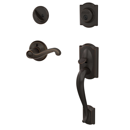 Schlage Residential F60 Camelot Handleset/Entrance Flair Lever Complete Lock Style Handleset, Right Hand, Aged Bronze