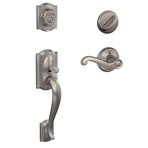 Schlage Residential F60 Camelot Handleset/Entrance Flair Lever Complete Lock Style Handleset, Left Hand, Satin Nickel