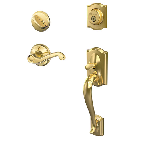 Schlage Residential F60 Camelot Handleset/Entrance Accent Lever Complete Lock X Split Finish Style Handleset, Flair, Split Finish 505 Lifetime, Right Hand, Bright Polished Brass