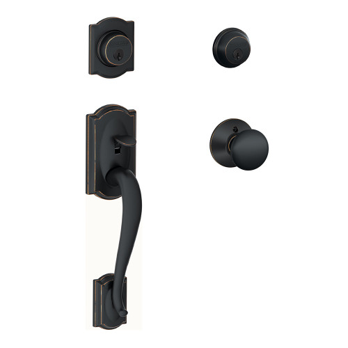Schlage Residential F62 Camelot Double Cylinder Handleset With Plymouth Entrance Knob Style, Aged Bronze