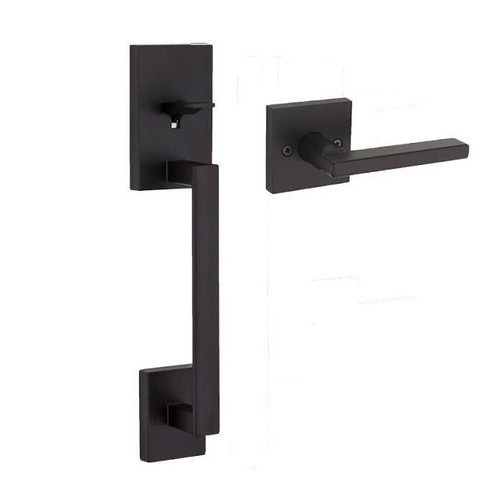 Kwikset San Clemente Handleset With Halifax Lever Exterior, Square Rose Interior (No Deadbolt), 6-Way Adjustable Latch, Round Corner Strike, Matte Black