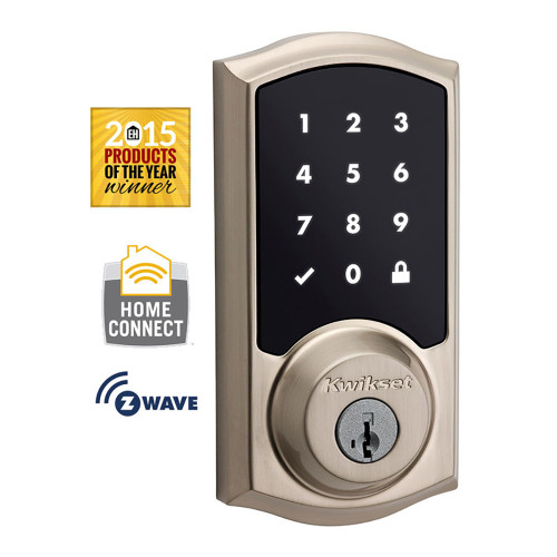 Kwikset Smartcode 916 Touchscreen Electronic Deadbolt Traditional Smartkey With Home Connect, Round Corner Adjustable 20 Minute Ul Latch And Round Corner Strike, Satin Nickel