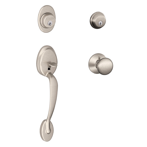 Schlage Residential F62 Plymouth Double Cylinder Handleset With Plymouth Entrance Knob Style, Satin Nickel