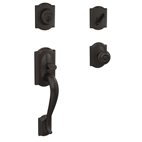 Schlage Residential F60 Camelot Handleset/Entrance Georgian Knob Complete Lock Style Handleset, Inside Rose, Aged Bronze