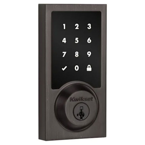Kwikset Contemporary Push Button Electronic Deadbolt Smartkey, Z-Wave Wireless Protocol, Smartkey, Round Corner Adjustable 20 Minute Ul Latch, Round Corner Strike, Venetian Bronze