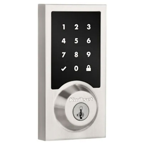 Kwikset Contemporary Push Button Electronic Deadbolt Smartkey, Z-Wave Wireless Protocol, Smartkey, Round Corner Adjustable 20 Minute Ul Latch, Round Corner Strike, Satin Nickel