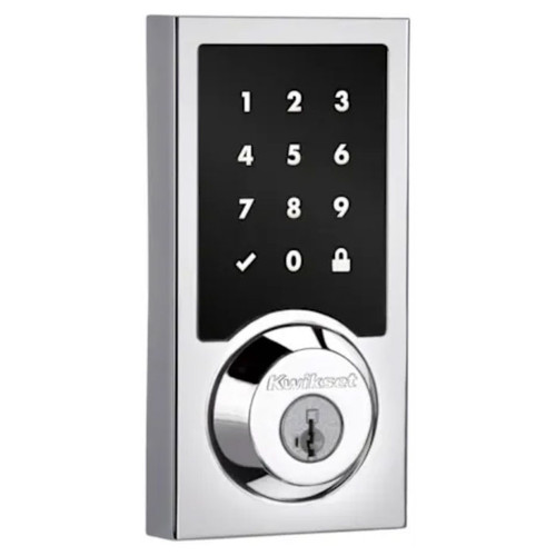 Kwikset Contemporary Push Button Electronic Deadbolt Smartkey, Z-Wave Wireless Protocol, Smartkey, Round Corner Adjustable 20 Minute Ul Latch, Round Corner Strike, Bright Polished Chrome