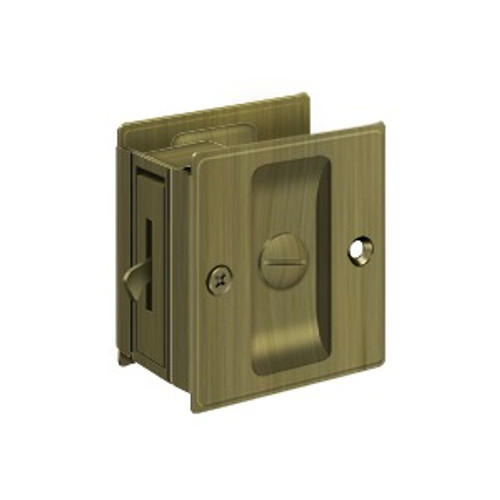 Deltana Pocket Door Lock-Privacy, 2-1/2" X 2-3/4", 1-3/8" Thickness, Antique, Satin Brass Blackened