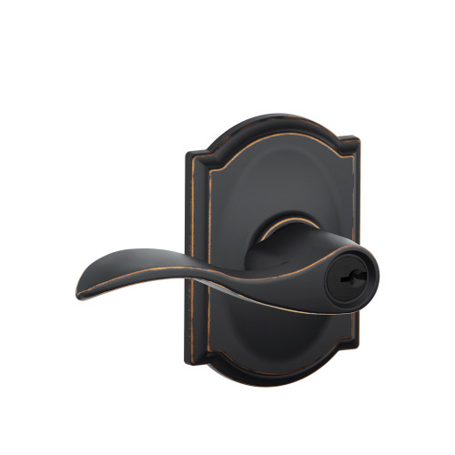 Schlage Residential F51A Accent Keyed Entry Lever Lock With Camelot Trim In Vis Pack Function, Decorative, Aged Bronze