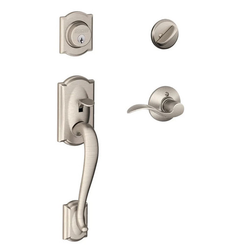 Schlage Residential F60 Camelot Handleset/Entrance Accent Lever Complete Lock In Vis Pack Style Handleset, Satin Nickel