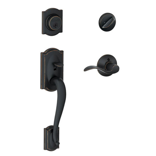 Schlage Residential F60 Camelot Handleset/Entrance Accent Lever Complete Lock In Vis Pack Style Handleset, Aged Bronze