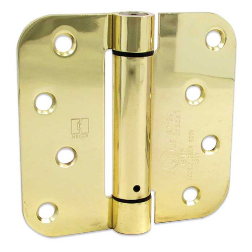 Hager Full Mortise Residential Hinge 5/8" Radius Corner Spring Steel 4" X 4", Bright Polished Brass