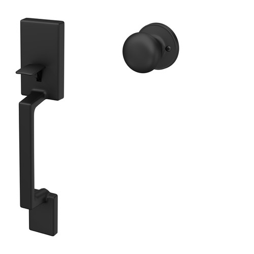 Schlage Residential Je285 Sutton Handleset With Stratus Interior Knob Style, Lower Half Of, Matte Black
