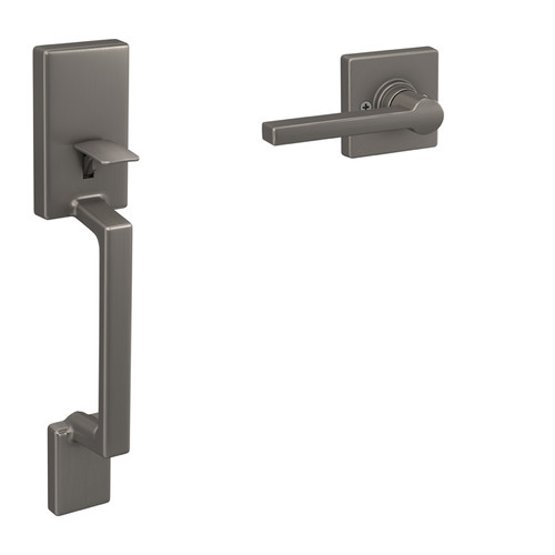 Schlage Residential Je285 Sutton Handleset With Solstice Interior Lever Style, Lower Half Of, Satin Nickel