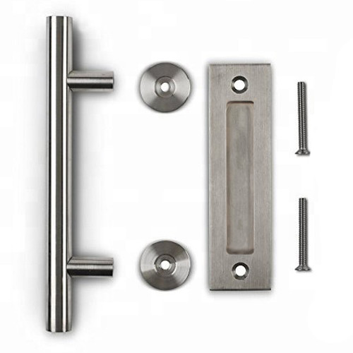 Orca Hardware Sliding Door Round Bar And Recessed Pull Combo 12" 8" Rectangular Flush, Satin Stainless