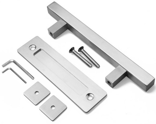 Orca Hardware Sliding Door Square Bar And Recessed Pull Combo 12" 8" Rectangular Flush, Satin Stainless