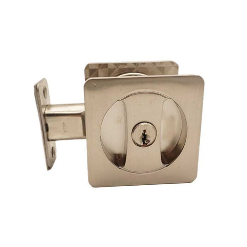 Orca Hardware Pocket Door Lock Keyed, Square, Entry Function, With 3 Brass Keys, Satin Nickel