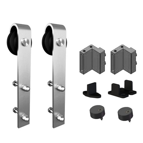 Orca Hardware Double Door Kit With Standard Drop Hangers, To Be Used Single Flat Track, Includes 2, 2 Stops, 2 Guides, And 2 Anti-Jump Blocks, Satin Nickel