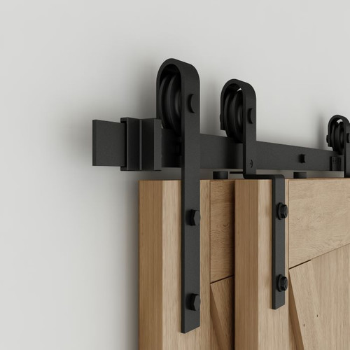 Orca Hardware 8' Bypass Flat Track With Standard Thrubolt Kit, Drop Hangers And Special Configuration Angle Hangers, Includes, Hangers, Spacers, End Stops, Floor Guide, Connector, Anti-Jump Blocks And All Necessary Fasteners, Matte Black