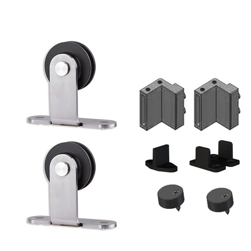 Orca Hardware Double Door Kit With Top Mount Hangers, To Be Used Single Flat Track, Includes 2, 2 Stops, 2 Guides, And 2 Anti-Jump Blocks, Steel, Satin Stainless Orca Hardware Double Door Kit With Top Mount Hangers, To Be Used Single Flat Track, Includes 2, 2 Stops, 2 Guides, And 2 Anti-Jump Blocks, Steel, Satin Stainless