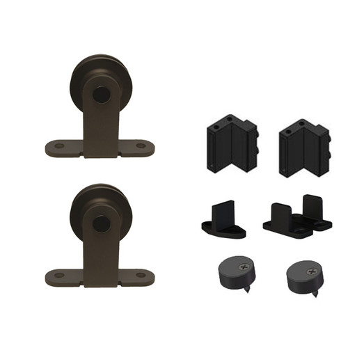 Orca Hardware Double Door Kit With Top Mount Hangers, To Be Used Single Flat Track, Includes 2, 2 Stops, 2 Guides, And 2 Anti-Jump Blocks, Matte Black Orca Hardware Double Door Kit With Top Mount Hangers, To Be Used Single Flat Track, Includes 2, 2 Stops, 2 Guides, And 2 Anti-Jump Blocks, Matte Black