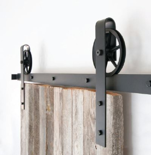 Orca Hardware 6' Barn Door-Flat Track Kit With Spoke Wheel Hangers, Includes, Spacers, End Stops, Floor Guide, Connector, Anti-Jump Blocks And All Necessary Fasteners, Matte Black