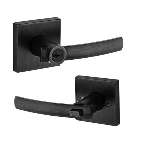 Kwikset Sydney Keyed Entry Lever Smartkey With Square Rose, 6-Way Adjustable Latch And Round Corner Strike, Matte Black