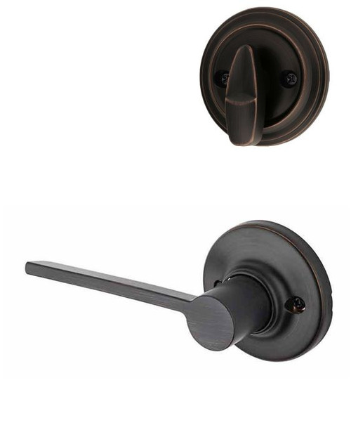 Kwikset Ladera Lever With Round Rose Interior Single Cylinder Handleset Trim, Venetian Bronze