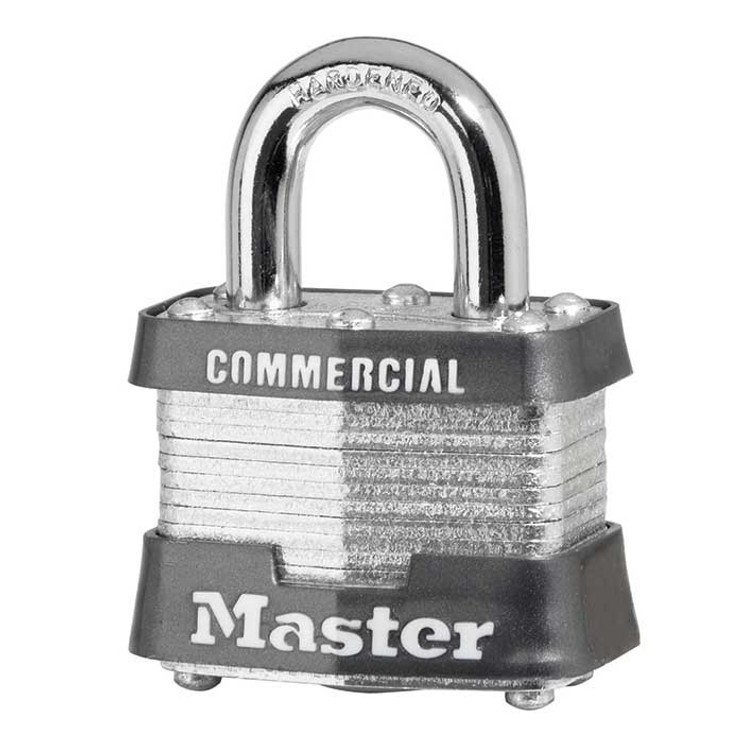 Master Lock Laminated Steel Padlock, Non-Rekeyable, Keyed Different, Body Width: 1-9/16" (40Mm), Shackle Length: 3/4" (19Mm), Shackle Width: 5/8" (16Mm), Shackle Diameter: 9/32" (7Mm), Gray