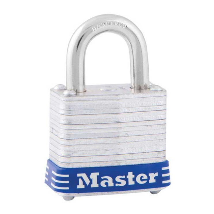 Master Lock Laminated Steel Padlock, Keyed Different, Body Width: 1-1/8" (29mm), Shackle Length: 9/16" (14mm), Shackle Width: 1/2" (13mm), Shackle Diameter: 3/16" (5mm)
