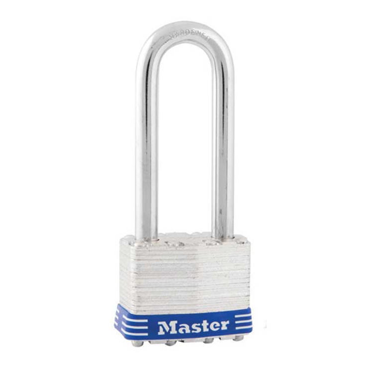 Master Lock Laminated Steel Padlock, Non-Rekeyable, Keyed Different, Body Width: 1-3/4" (44mm), Shackle Length: 2-1/2" (64mm), Shackle Width: 3/4" (19mm), Shackle Diameter: 5/16" (8mm)