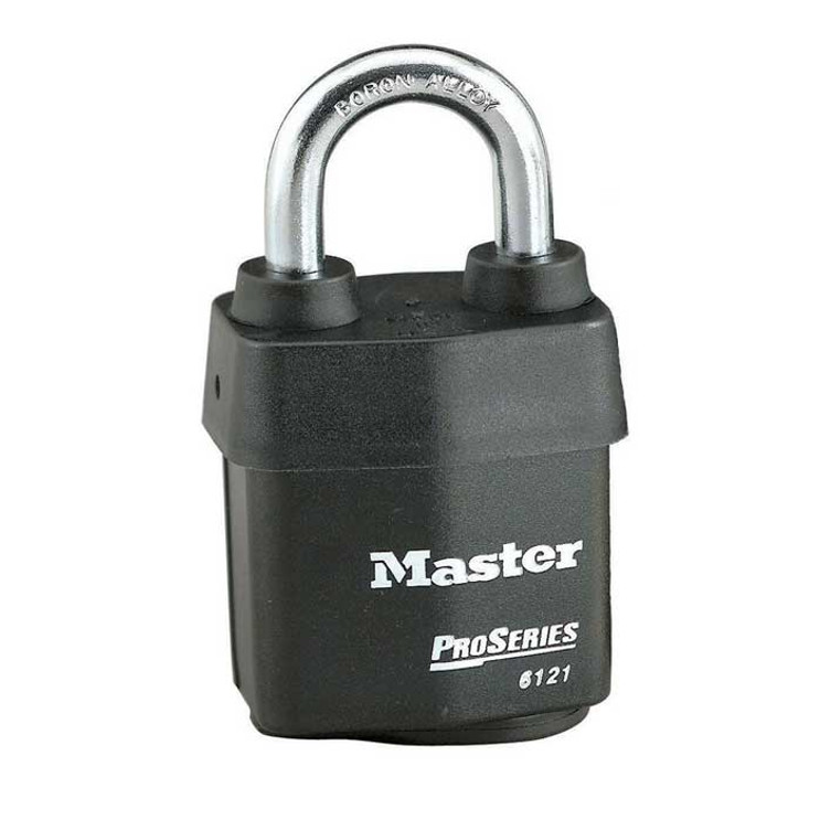 Master Lock Pro Series Weather Tough Padlock Covered Laminated Steel, 5-Pin, Without Cylinder, Body Width: 2-1/8" (54Mm), Shackle Length: 1-1/8" (29Mm), Shackle Width: 7/8" (22Mm), Shackle Diameter: 5/16" (8Mm), Gray, Black